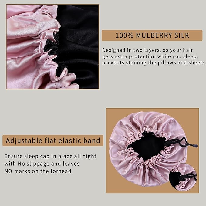 RedJoe 22 Momme 100% Mulberry Silk Bonnet Hair Wrap for Sleeping, Adjustable Silk Scrunchies Sleep Cap for Women Men Hair Care, Head Scarf Night Caps with Elastic Stay On Head, 1Pc(Blush Pink,Black)
