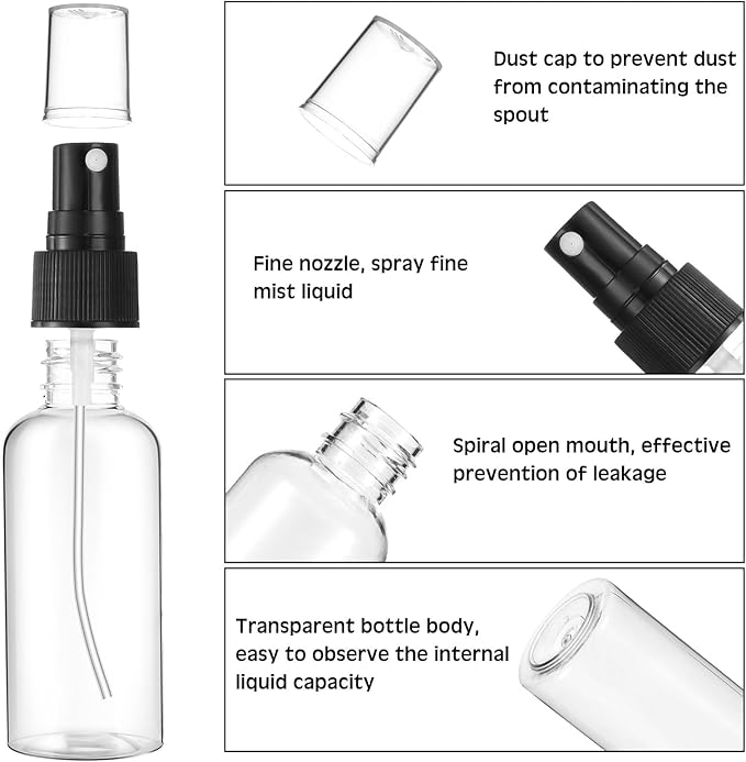 Roshtia 200 Pcs 2 oz Plastic Mini Spray Bottles with Black Cap Clear Empty Fine Mist Spray Bottles Refillable Liquid Container for Essential Oils Perfumes Travel Makeup