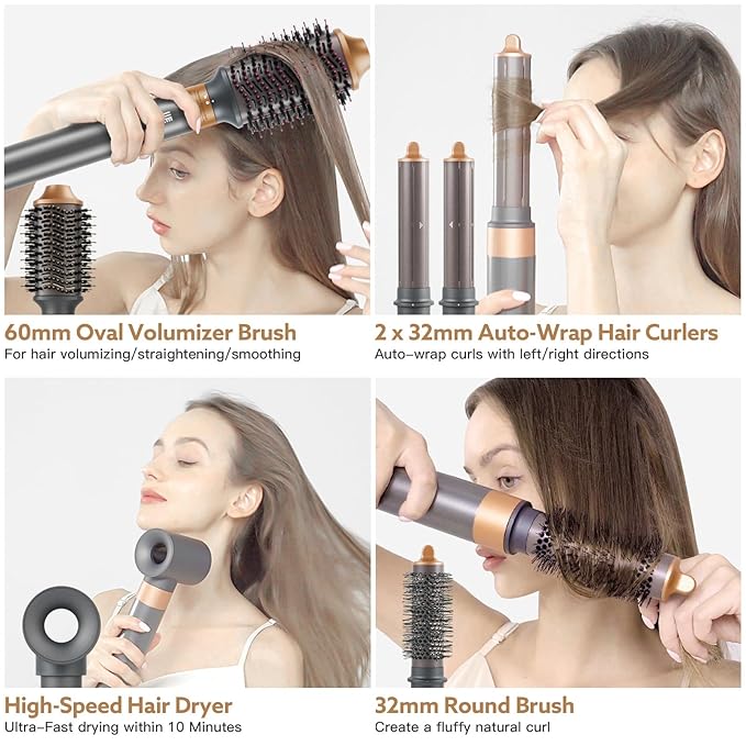 Hair Dryer Hot Air Styler: High-Speed Blow Dryers with Negative Ionic for Fast Drying Frizz Control, Airflow Auto Wrap Curling Iron Curler Oval Volumizer Round Brush for Styling Smoothing Volumizing