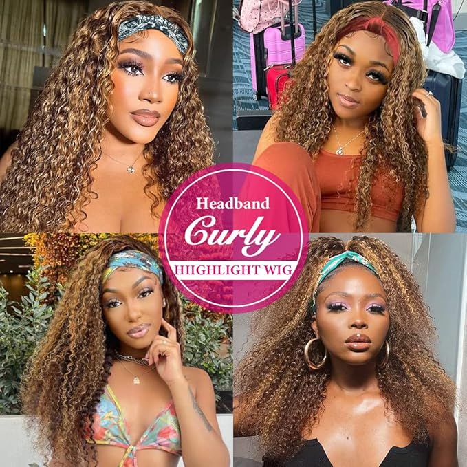 Eooma #4/30 Omber Headband Wig Curly Human Hair Wigs for Black Women 10A 180% Density Brazilian Kinky Curly Human Hair Headband Wigs Scarf No Gel Gluelees 22 Inch Remy Hair