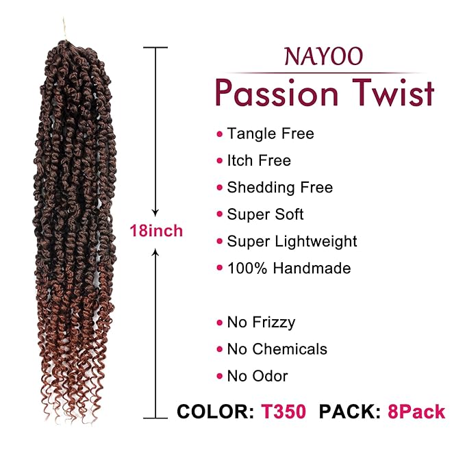 Passion Twist Hair - 8 Packs 18 Inch Passion Twist Crochet Hair For Women, Crochet Pretwisted Curly Hair Passion Twists Synthetic Braiding Hair Extensions (18 Inch 8 Packs, T350)