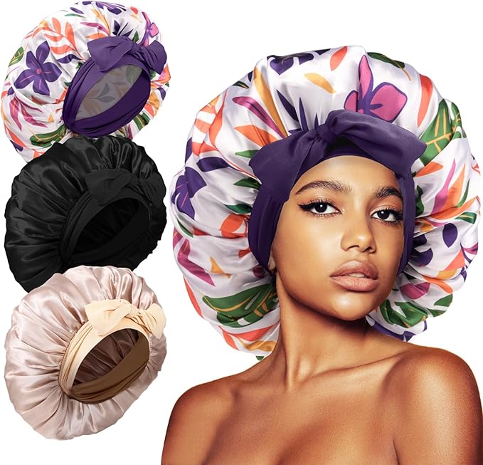 3Pcs Bonnets for Sleeping, Extra Satin Silk Bonnet for Sleeping Women with Tie Band for Curly Hair Jumbo Bonnet Braids