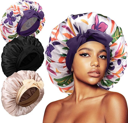 3Pcs Bonnets for Sleeping, Extra Satin Silk Bonnet for Sleeping Women with Tie Band for Curly Hair Jumbo Bonnet Braids