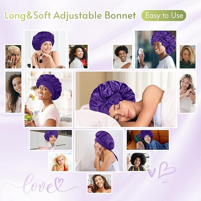 BONNET QUEEN Silk Bonnet for Sleeping Women Satin Bonnet Night Sleep Cap Wrap for Curly Hair with Adjustable Tie Band,Purple