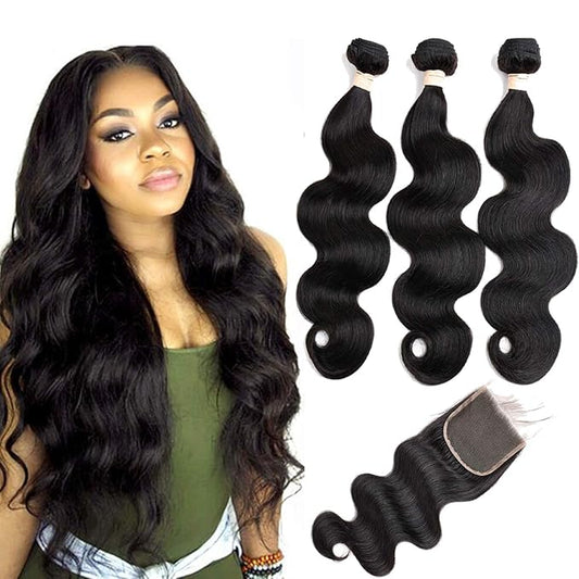 Brazilian Body Wave Virgin Human Hair Bundles with Closure (22 24 26 with 20 closure) Unprocessed Bundles with Lace Closure Body Wave Hair with Closure 4X4 Lace Free Part Natural Black Hair
