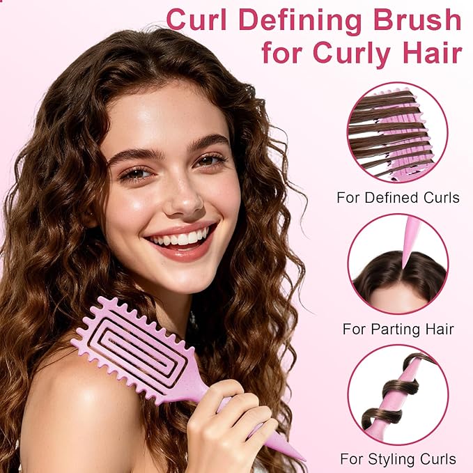 Curly Hair Brush, Curl Defining Brush with Soft Boar Bristles Detangling Tangled Glides, Wide-Teeth Design Effortlessly Shaping & Defining Curls, Curling Definer for Wet & Dry Hair (Pink)