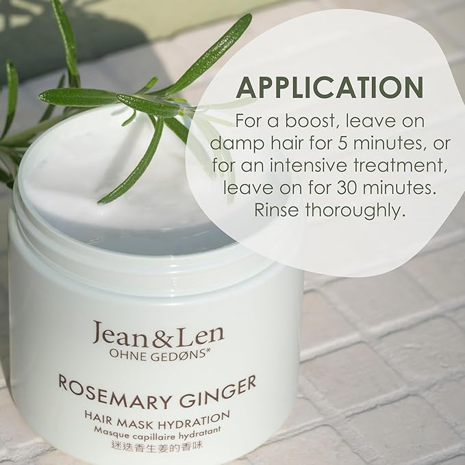 Jean & Len Hair Mask Rosemary & Ginger, for severely damaged, dry & dull hair, intensive moisturizing care, without parabens, silicones and microplastics, 6.76 Fl. Oz.
