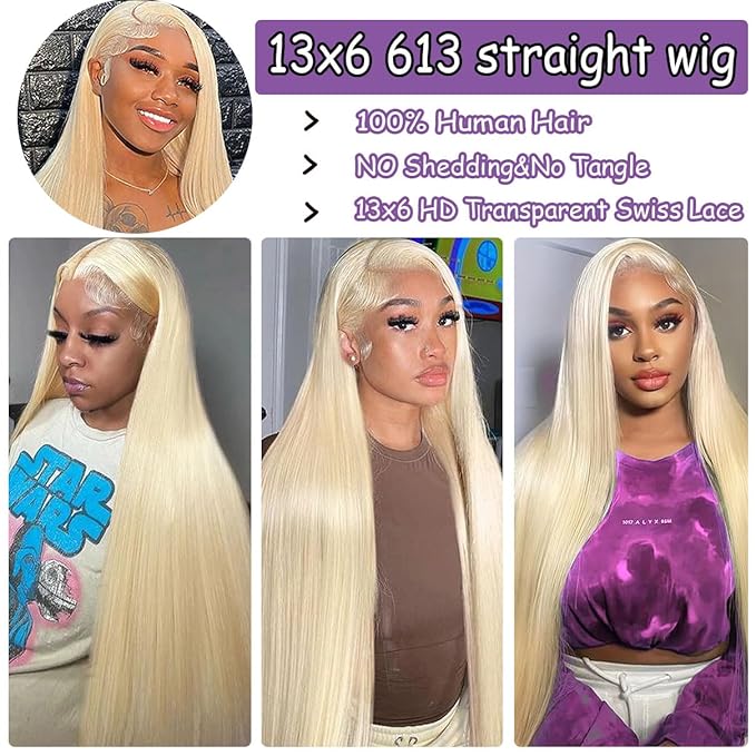 13×6 613 lace front wigs human hair 200% density straight blonde wig human hair pre plucked With Baby Hair (Straight 613 Wig, 36 Inch)