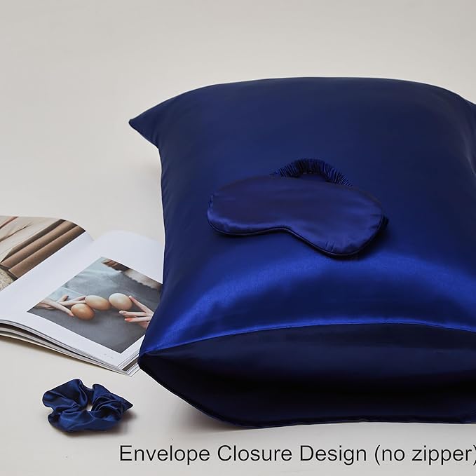 Satin Pillowcase for Hair and Skin, Super Soft Vegan Silk Sleep Set-2 Satin Pillow Cases Standard Size, 1 Eye Mask, 1 Scrunchie, Self Care Essential Satin Night Routine Kit, Navy Blue
