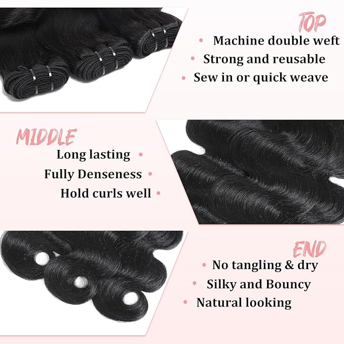 12A Human Hair Bundles with Closure 24 26 28+22 Inch Body Wave Bundles 5X5 HD Lace Closure Human Hair 100% Brazilian Virgin Hair Extensions 3 Bundle Deals Hair Quick Weave Bundle for Women