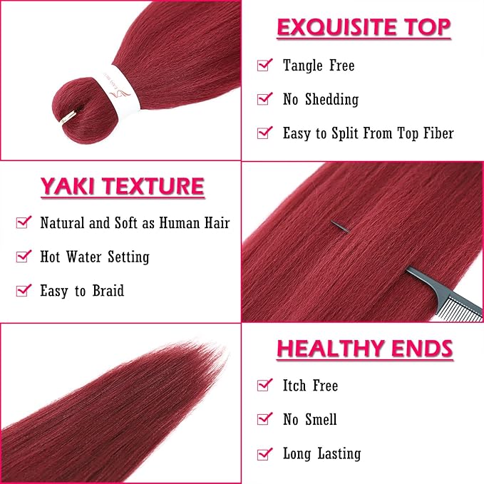 Dorsanee Burgundy Braiding Hair Pre Stretched 24 Inch 3 Packs Braiding Hair Extensions for Box Braids Twists Locs Hair Soft Yaki Texture Hot Water Setting (#Burgundy)