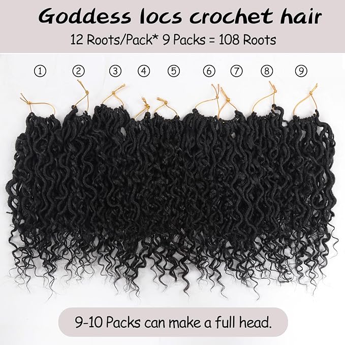 Goddess Locs Crochet Hair,10 Inch 9 Packs Synthetic Faux Locs Crochet Hair for Black Women,River Locs Hair Extensions Boho Style Pre looped Faux with Curly Ends