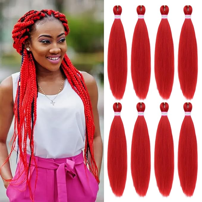 Red Braiding Hair Pre Stretched 20 Inch 8 Packs Braiding Hair Extensions for Crochet Box Braids Twists Locs Hair Soft Yaki Texture Hot Water Setting (20inch,#Red)