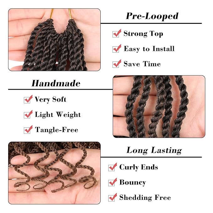 Leeven 6 Inch Senegalese Twist Crochet Hair with Curly Ends 8 Packs Ombre Brown Pre Looped Wavy Hanava Twist 2 Strand Short Twist Hair Synthetic Crochet Braids for Women Girl Kids #T30
