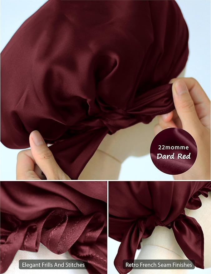 SissiLita 100% Silk Bonnet for Sleeping With Tie Band, Large Sleep Cap for Curly Hair, Wrap for Hair Care (Dark Red)