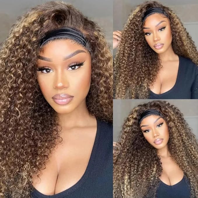 XSY Headband Wig Human Hair Highlight Ombre kinky Curly 20 Inch Headband Wigs for Women Human Hair Glueless None Lace Front Brazilian Virgin Hair Wear Go 150% Density