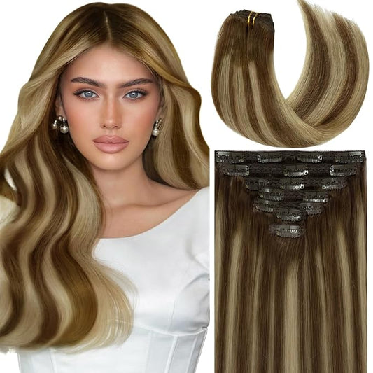 Caliee Human Hair Clip in Extensions 18Inch Invisible Real Hair Clip in Extensions Color R4A-4A/26 Brown Clip in Hair Extensions Remy Hair 7PCS for Full Head Thick Ends 120G