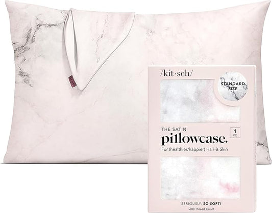 Kitsch Satin Pillowcase with Zipper for Hair & Skin, Softer Than Silk Pillow Cases Queen, Wrinkle-Free, Smooth and Cooling Satin Pillow Covers, Standard Size 19"x26", Marble