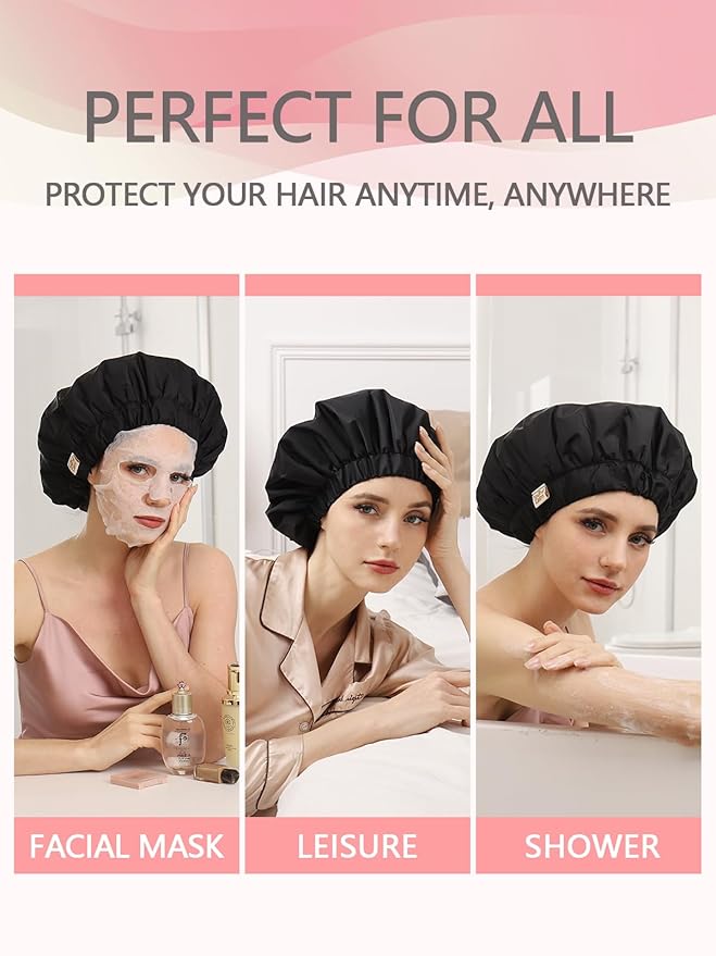 Years calm Heat Cap For Deep Conditioning Shower Cap，Reusable Three-Layer Structure Waterproof Hair Cap – Applicable Tofor Bathing, Hair Care, And Other Uses (Black, One Size)