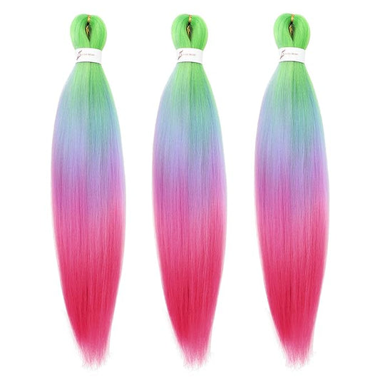 Dorsanee 3 Tone Braiding Hair Pre Stretched 24 Inch 3 Packs Braiding Hair Extensions for Box Braids Twists Locs Hair Soft Yaki Texture Hot Water Setting (#Light Green/Light Purple/Pink)