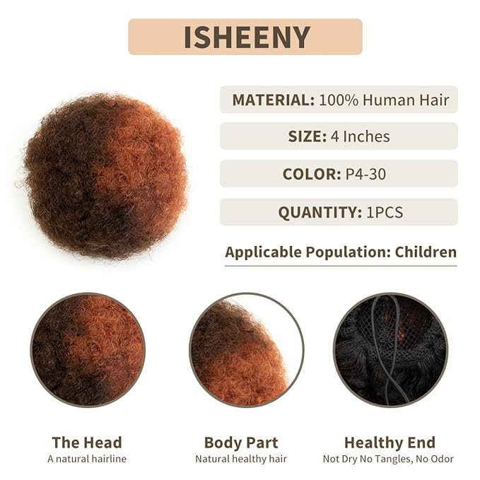 isheeny Small Human Hair Ponytail Extension For Kids 2-5 Years Old, Human Hair Bun Small Drawstring Ponytail Mixed Color For Little Girls, Curly Hairpiece Natural, Soft, And Durable For Repeated Use