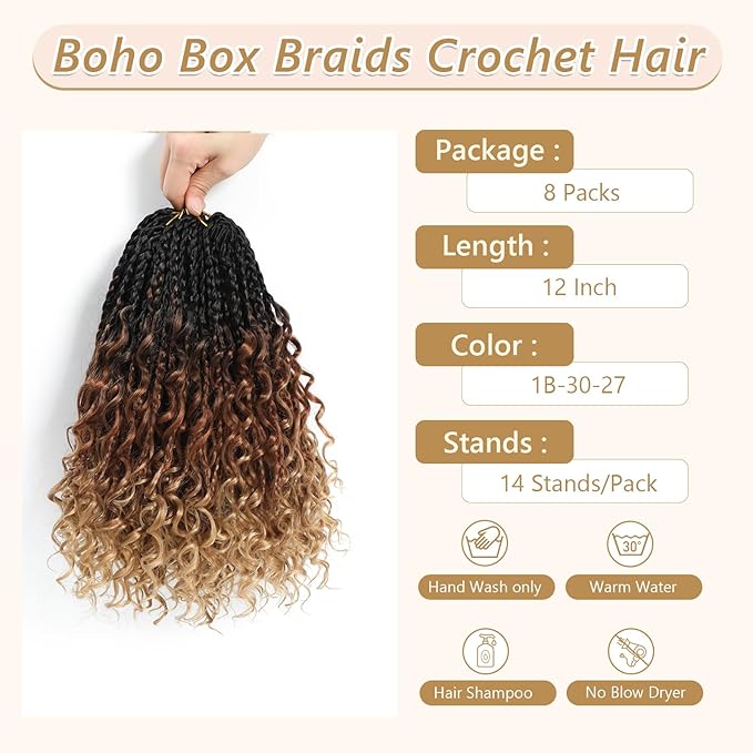 8 Packs Boho Braids Crochet Hair-12 Inch Crochet Box Braids- Bohomian Box Braid Crochet Hair Synthetic Braiding Hair Goddess Box Braids Crochet Hair for Black Women(1B/30/27)