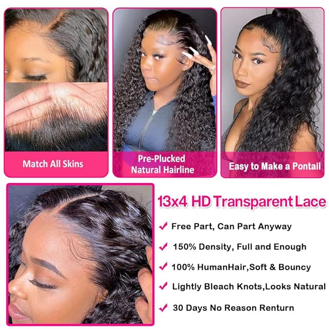 Glueless Water Wave Lace Front Wigs Human Hair for Women 180 Density Unprocessed Brazilian Virgin Human Hair Wigs with Baby Hair Pre Plucked Natural Hairline Wigs Deep Wave 13X4 Lace Frontal Wig
