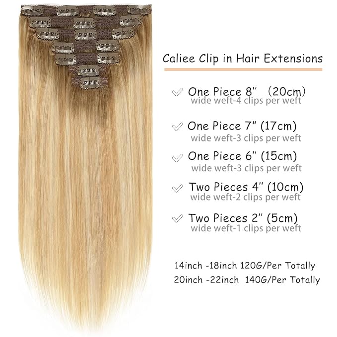 Caliee Hair Extensions Clip in Human Hair 16 Inch Invisible Double Weft Lace Clip in Hair Extenisons for Full Head 120 G Balayage Light Brown to Light Golden Blonde Mixed Platinum Blonde Straight Hair