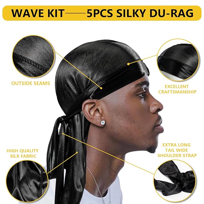 Silky Durags for Men Wave Pomade Strong Hold Easy Wash 360 Wave Training Hair Cream, Waves Grease for Men Promotes Layered Waves Silky Satin Durag Extra Long Tails Wave Brushe Silky Durag Wave Cap Set