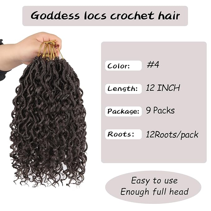 Goddess Locs Crochet Hair,12 Inch 9 Packs Synthetic Faux Locs Crochet Hair for Black Women,River Locs Hair Extensions Boho Style Pre looped Faux Locs with Curly Ends
