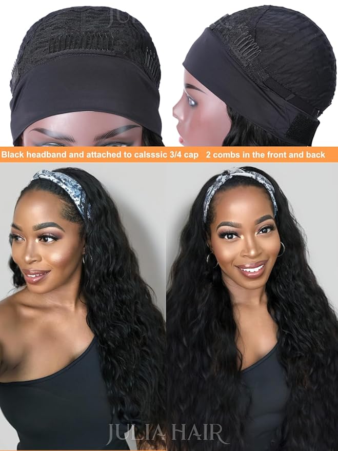 Julia Hair 12A Headband Human Hair Wigs Water Wave None Lace Front Glueless Wig With Pre-attached Scarf for Black Women Curly Deep Wave Put and Go Wig Natural Beginner-Friendly 20 Inch