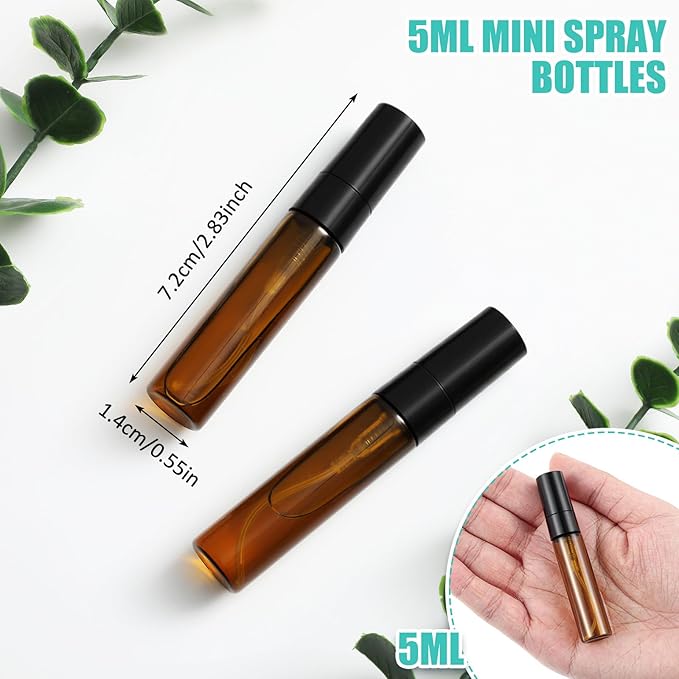 Zhehao 100 Pcs Mini Spray Bottles 5 ml Clear Glass Perfume Bottles Refillable Fine Mist Perfume Atomizer Portable Empty Sample Containers for Cleaning, Essential Oils, Travel (Amber)