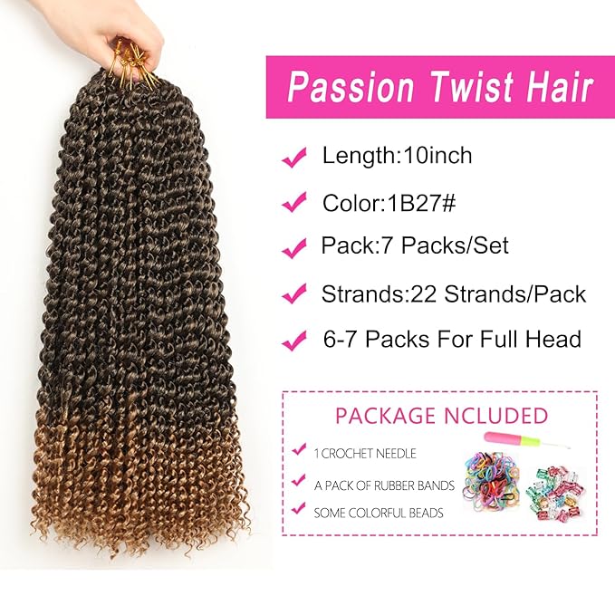 Ubeleco Short Passion Twist Hair, Ombre Blonde Water Wave Crochet Hair For Women 10 Inch Bohemian Synthetic Curly Braiding Hair 22 Strands/Pack Passion Twist Crochet Hair (10 Inch (Pack of 7),1B/27)
