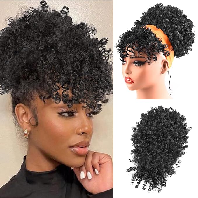 Drawstring Ponytail for Black Women, Afro Puff Kinky Curly Hair Ponytail Extension with Bangs Updo Natural Hair Ponytail