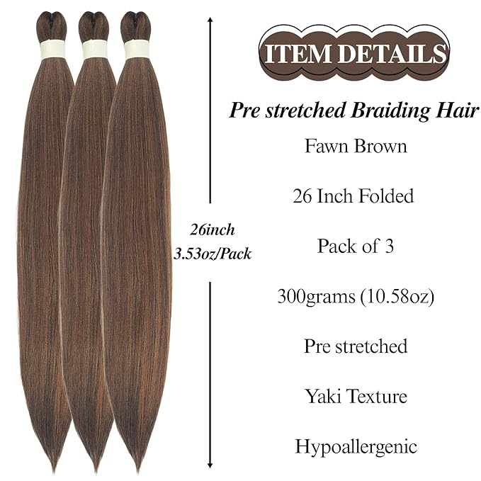 Fawn Brown Braiding Hair Pre stretched Braiding Hair for Braids Knotless Ez Braids（Packs of 3,26",10 OZ）