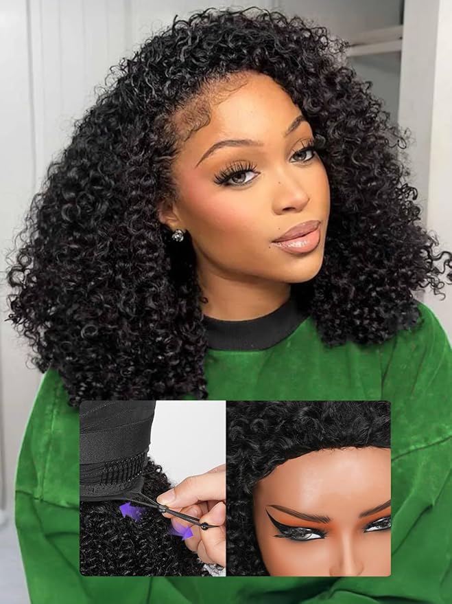 Kinky Curly Half Wig Human Hair 200% Density Wear Go Glueless Wigs Human Hair 3 In 1 Drawstring Seamless Flip Over Wig for Women Daily Wear Headband Wig Beginner Friendly Black (14inch)