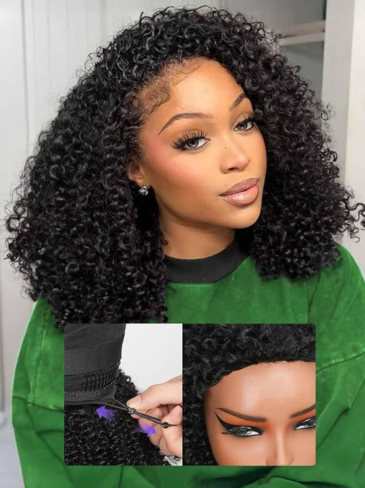Kinky Curly Half Wig Human Hair 200% Density Wear Go Glueless Wigs Human Hair 3 In 1 Drawstring Seamless Flip Over Wig for Women Daily Wear Headband Wig Beginner Friendly Black (14inch)