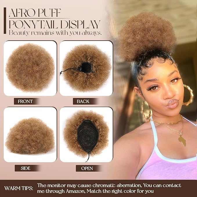 Afro Puff Drawstring Ponytail Extension 6 Inch #6 Honey Brown 100% Human Hair Durable Natural Soft and Smooth Hair Extensions Clip On Ponytail Bun