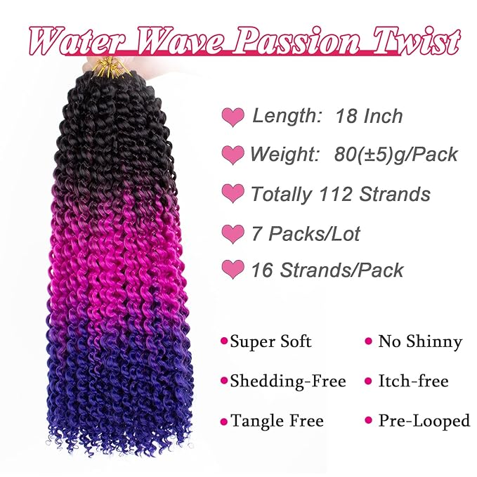 Leeven 7 Packs Water Wave Crochet Passion Twist Hair For Butterfly Locs 18 Inch 3 Tones Ombre Purple to Blue Curly Passion Twists Crochet Hair 49# Synthetic Bomb Twist Braiding Hair Extensions
