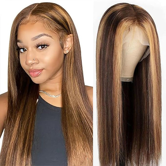SENSAIRUITE Highlight Ombre Straight Lace Front Wigs Human Hair 13x4 180% Density HD Transparent Glueless Lace Frontal Wigs Pre Plucked with Baby Hair 20 Inches