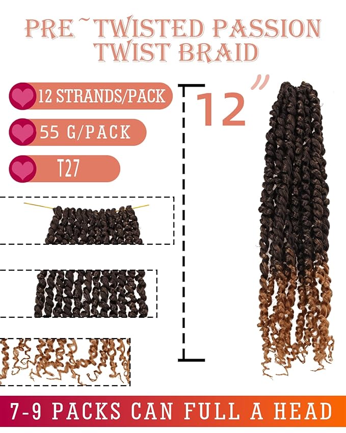 12inch 8packs Passion Twist Crochet Hair-Pre-twisted Passion Twists,Pre-Looped Crochet Braids Made Of Bohemian Hair Synthetic Braiding Hair Extensions (12 Inch(Pack of 8), T27)