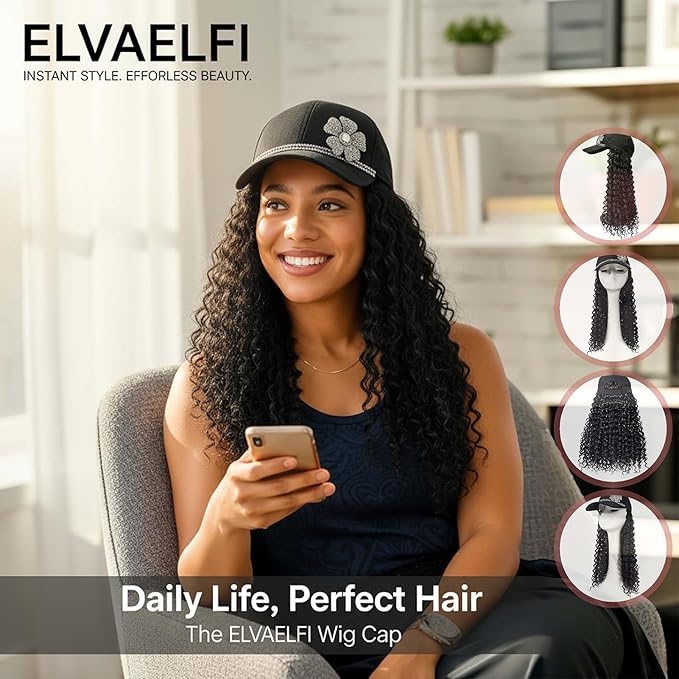 Hat Wig 16-Inch Gogo Curl Crochet Hair Extensions, Black Deep Wave Afro Curly Wigs for Black Women