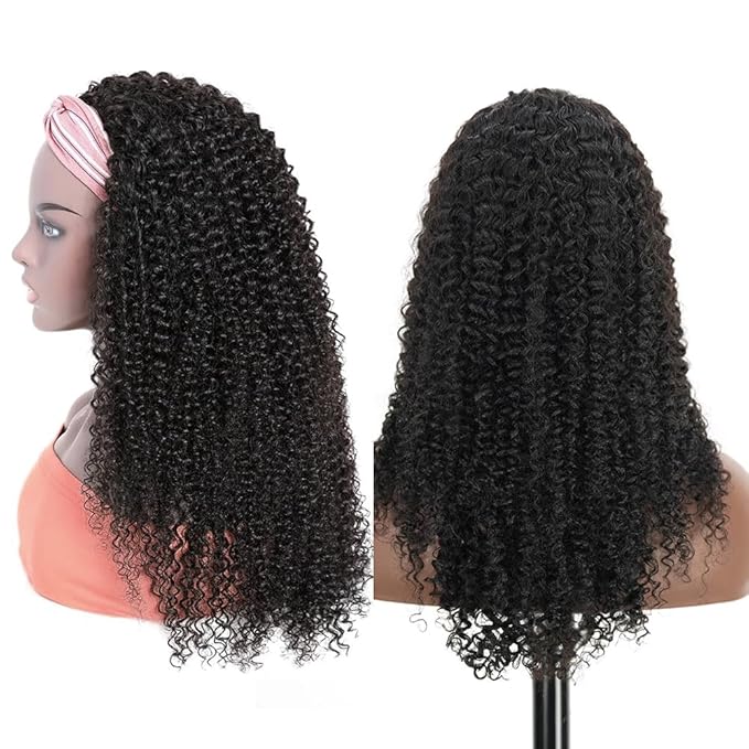 XSY Headband Wig Human Hair Kinky Curly 12 Inch Headband Wigs for Black Women None Lace Front Wig Curly Brazilian Wear and Go Glueless Wig 150% Density Natural Color