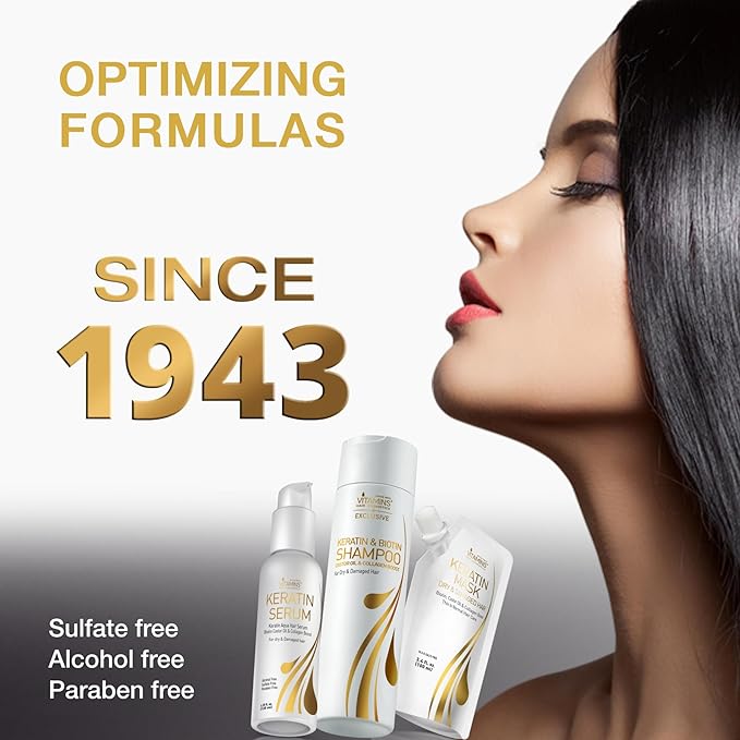 Vitamins Keratin Travel Kit - Weightless Heat Protectant, Nourishing Clarifying Shampoo, Intensive Deep Conditioner for Damaged Hair