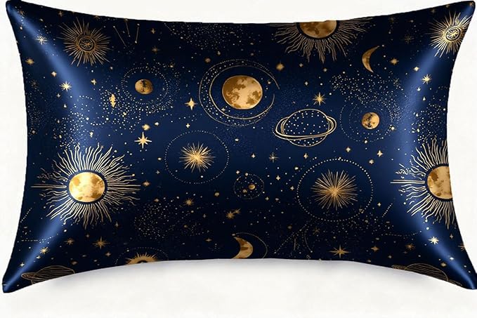 1 Pack Satin Pillowcase for Hair and Skin Golden Sun Moon and Planets Imitation Silk Pillowcase with Hidden Zipper Soft Breathable Pillow Cover Standard Size for Bedroom Sofa 20”x26”