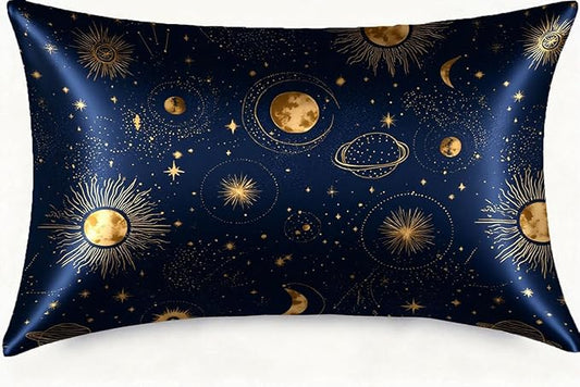 1 Pack Satin Pillowcase for Hair and Skin Golden Sun Moon and Planets Imitation Silk Pillowcase with Hidden Zipper Soft Breathable Pillow Cover Standard Size for Bedroom Sofa 20”x26”