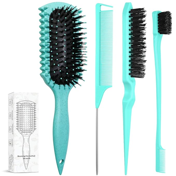 Curl Defining Brush, Curly Hair Brush Products With 3 Pcs Slick Back Hair Brush Set Bristle Brush Edge Control Teasing Comb for women (Green)