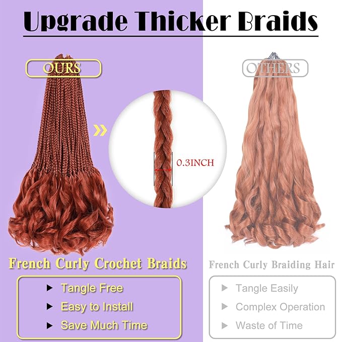French Curl Crochet Braids 22 Inch 8 Packs Goddess Box Braids Crochet Hair for Women Ginger Pre Looped Crochet Box Braid with Curly Ends Synthetic French Curly Braiding Hair Extensions (350#)
