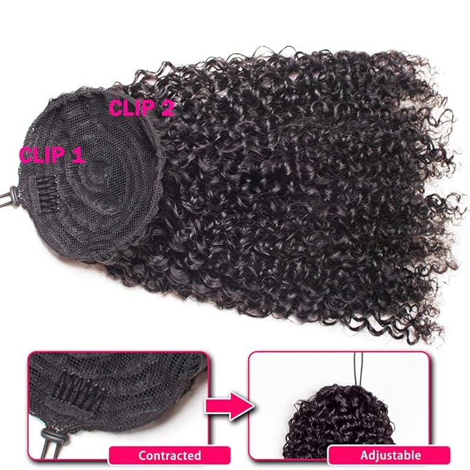 WENYU Kinky Curly Human Hair Drawstring Ponytail For Black Women 8A Brazilian Virgin Kinkys Curly Clip In Ponytail Extension Human Hair Pieces Natural Black (16 Inch, Kinky Curly Drawstring)