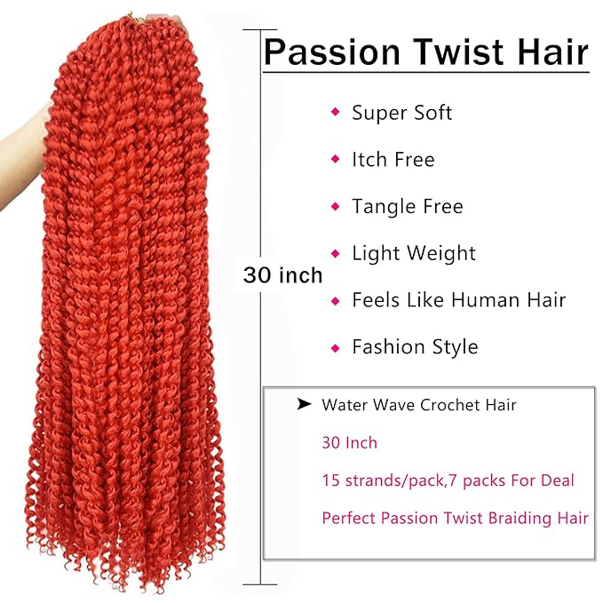 Red Passion Twist Hair, 30 Inch 7 Packs Water Wave Crochet Hair,Wrap Braiding Hair For Passion Twist Crochet Hair/Butterfly Locs/Spring Twist Crochet Braids Boho Hair Extension (30in,Red#)